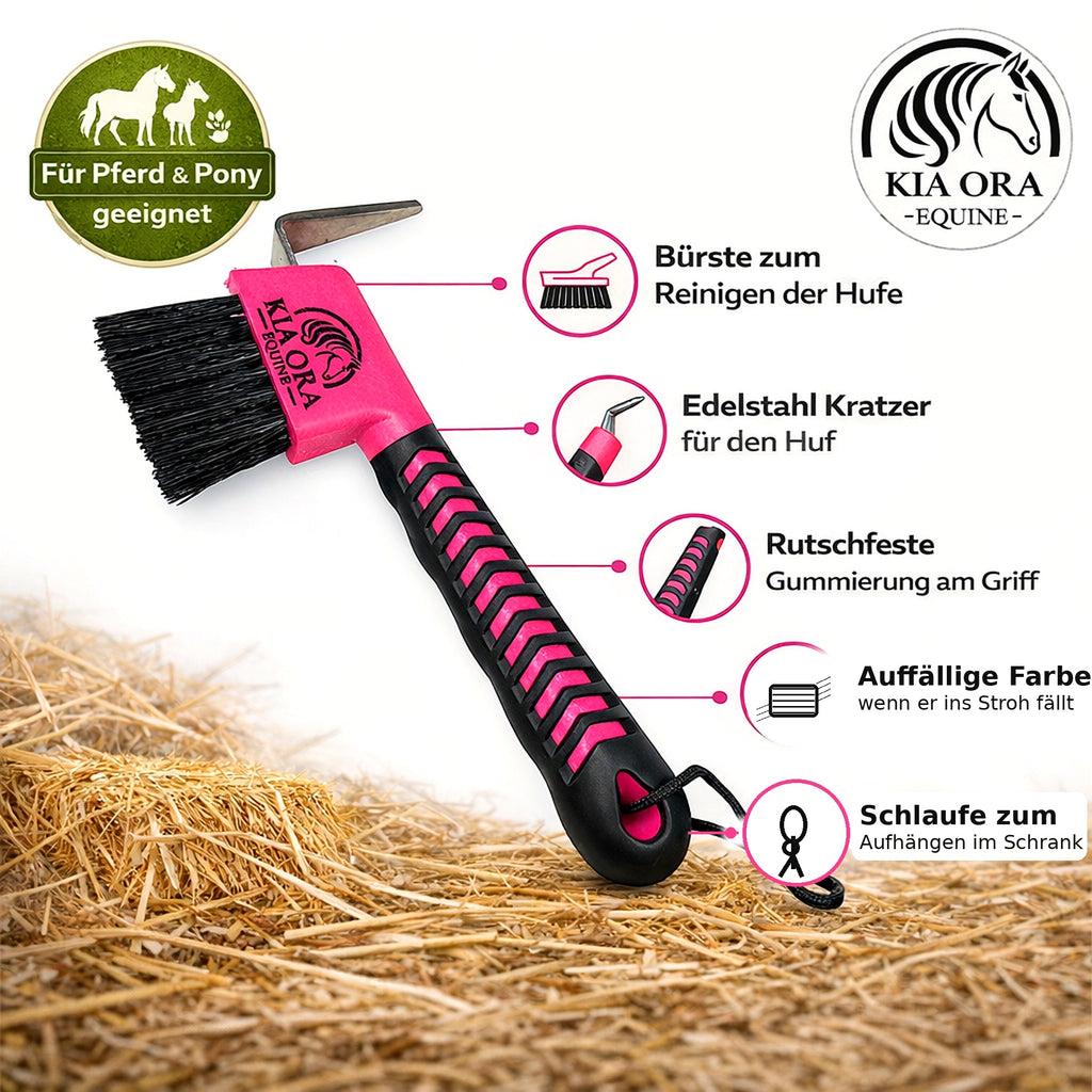 Kia Ora Equine - Kia Ora Equine Hufkratzer & Bürste Pferd & Pony Pflege Pink - Pink schwarzer Hufkratzer und Bürste aus Edelstahl und Gummi für Hufpflege Pferd, Pferdezubehör und Putzzeug Pferd.