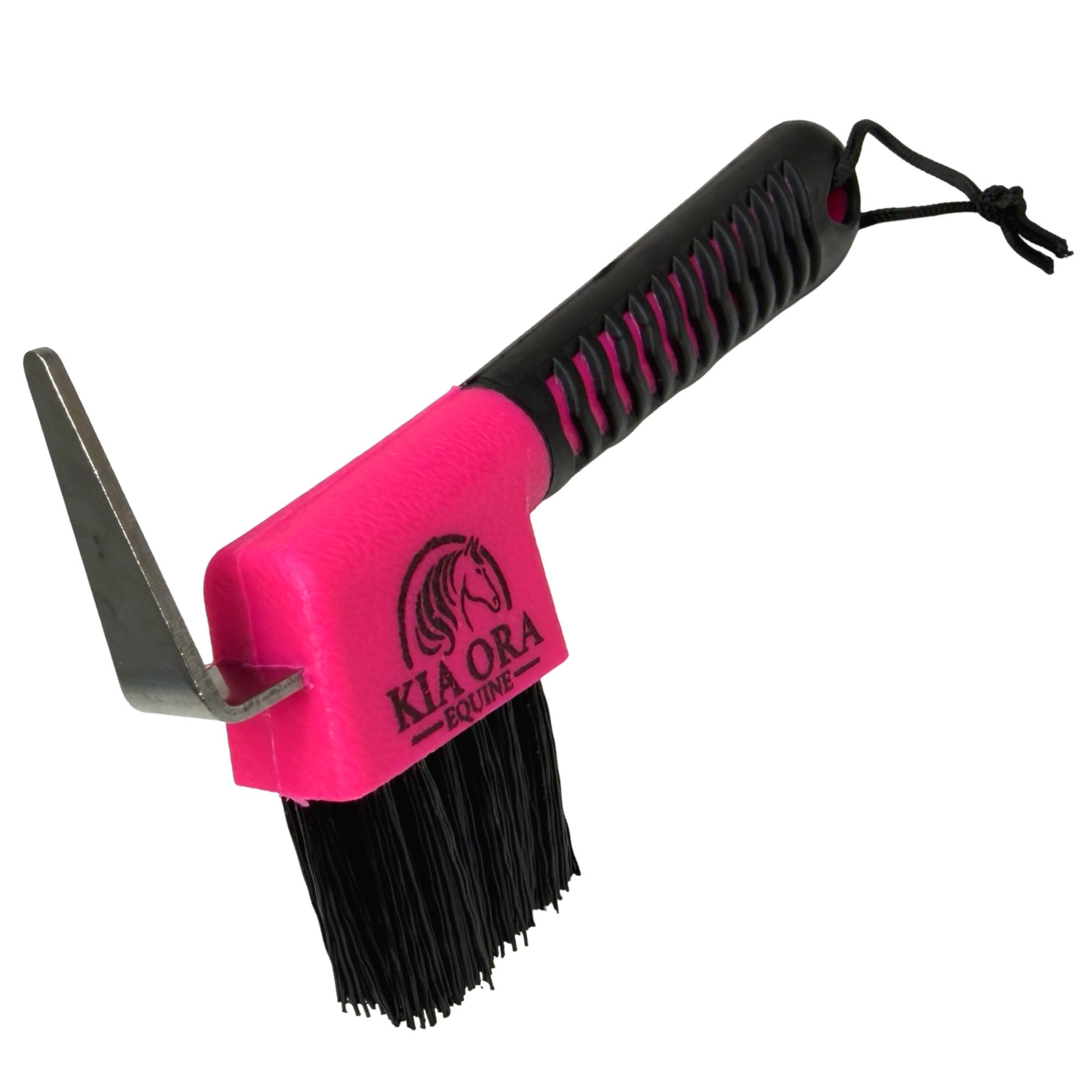 Kia Ora Equine - Kia Ora Equine Hufkratzer & Bürste Pferd & Pony Pflege Pink - Hufkratzer und Bürste in Pink mit schwarzem Griff und Pferde-Logo, Pferdezubehör zur Hufpflege.